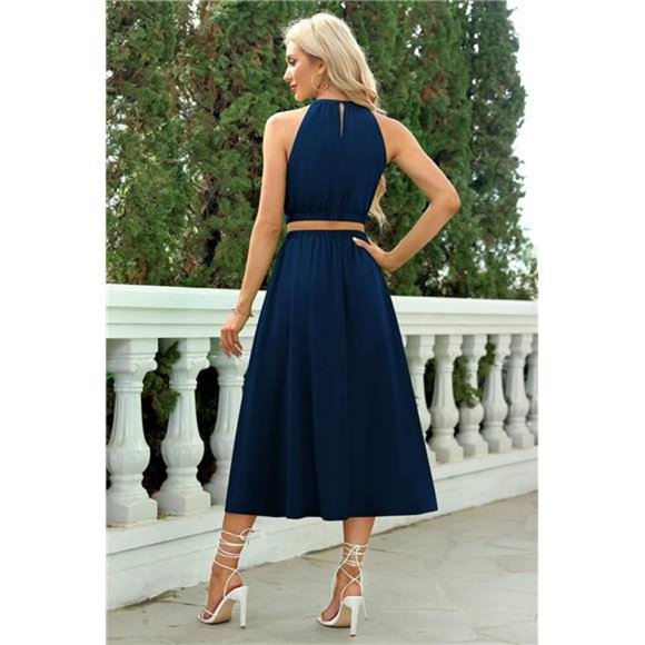 Women's Summer Dresses Maxi Sundress Halter Neck Sleeveless Cutout A-Line Dress - Picture 4 of 6